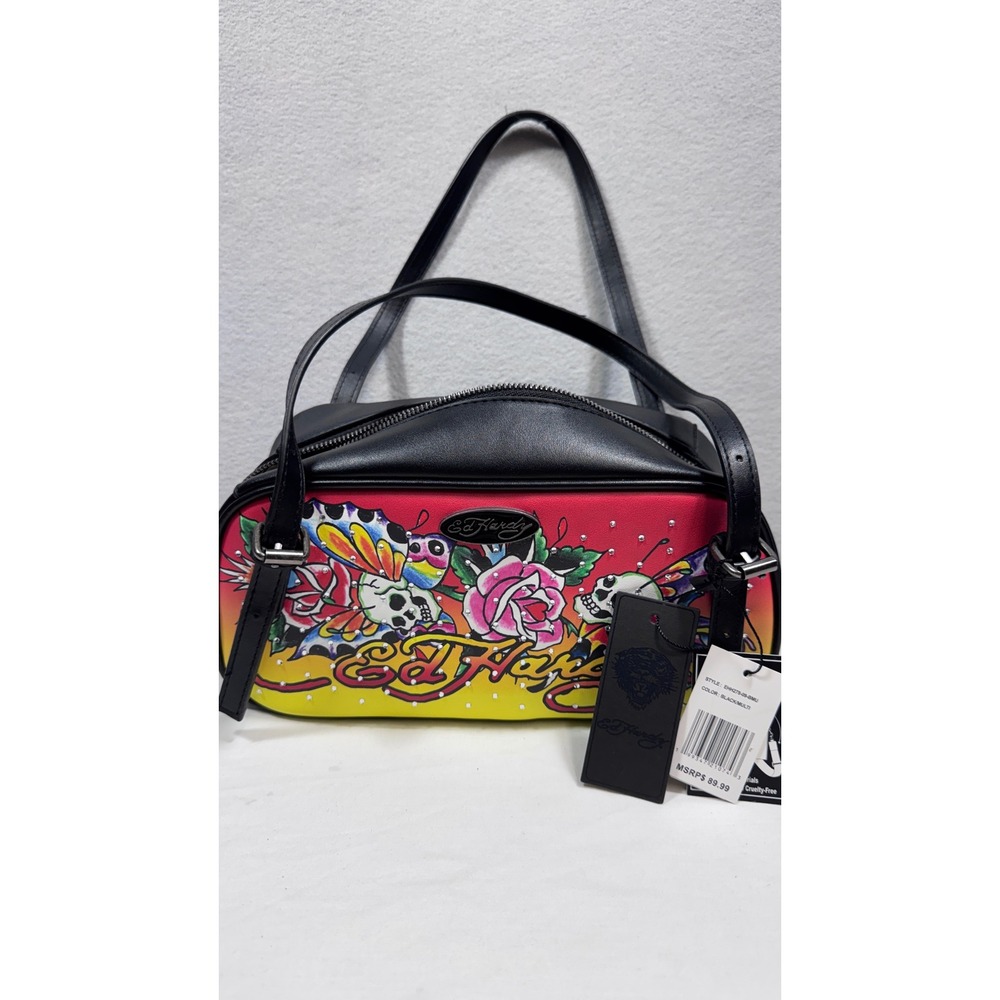 Ed Hardy Tattoo Graphic Bowler Bag Black Multi Skull Rose EHH278-09-BMU NWT